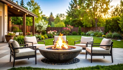 Backyard fire pit with seating area at sunset