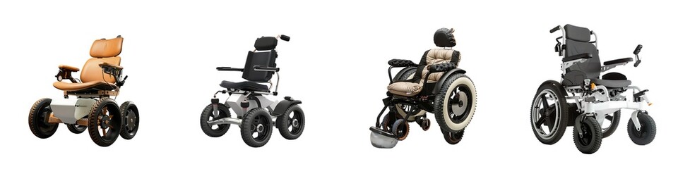 Set of modern electric wheelchairs isolated on transparent background
