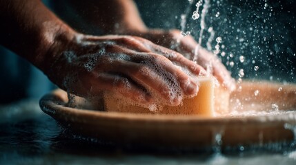 Close-up of hands rinsing a sponge under running water in a professional kitchen, emphasizing hygiene and cleanliness