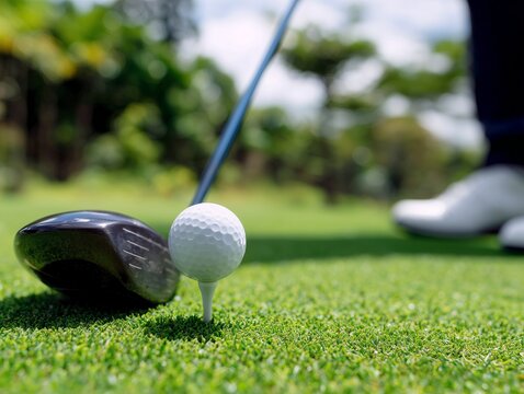 ゴルフクラブとティーの上のゴルフボール - Powered by Adobe