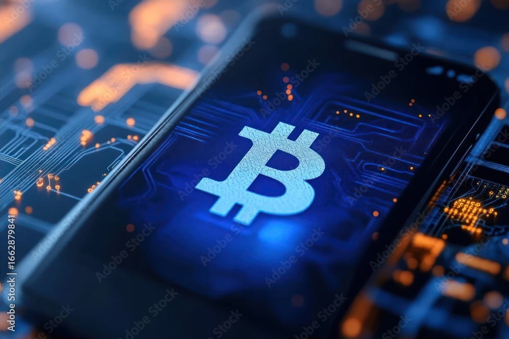 Poster smartphone displaying a glowing blue bitcoin symbol on the screen with a circuit board background il