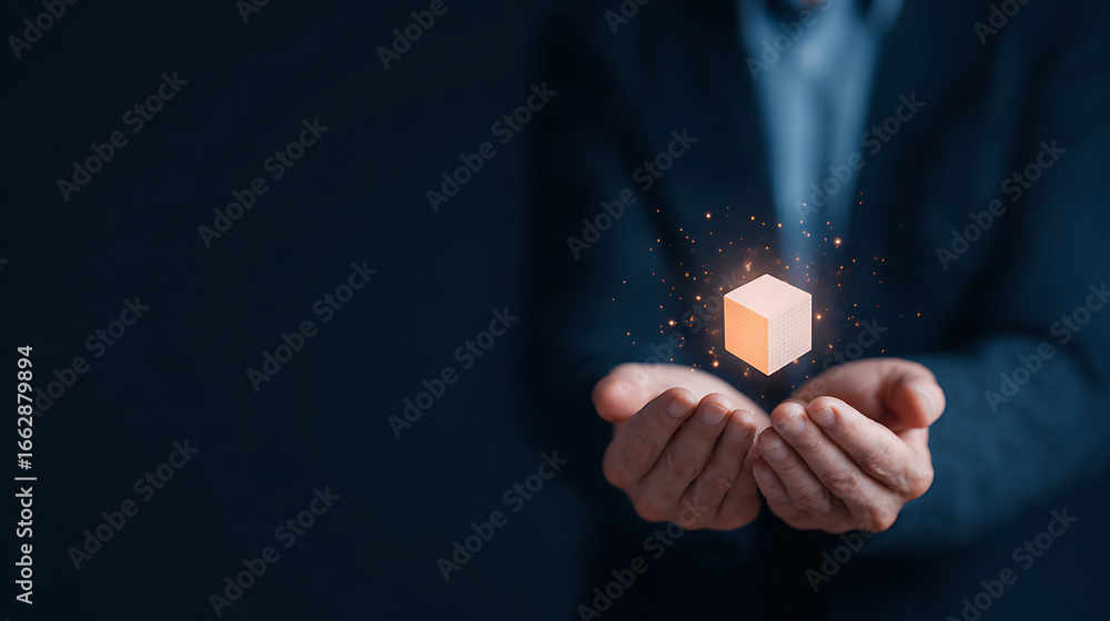 Poster a person holds a glowing cube, symbolizing innovation and technology, against a dark backdrop, empha