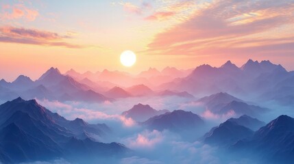 Fototapeta premium Serene sunrise over layered mountain peaks with mist and soft colorful sky creating a peaceful and dreamy atmosphere