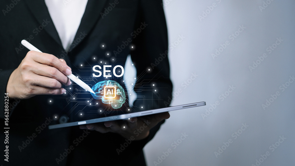 Poster ai seo optimization with digital marketing technology and smart analytics
