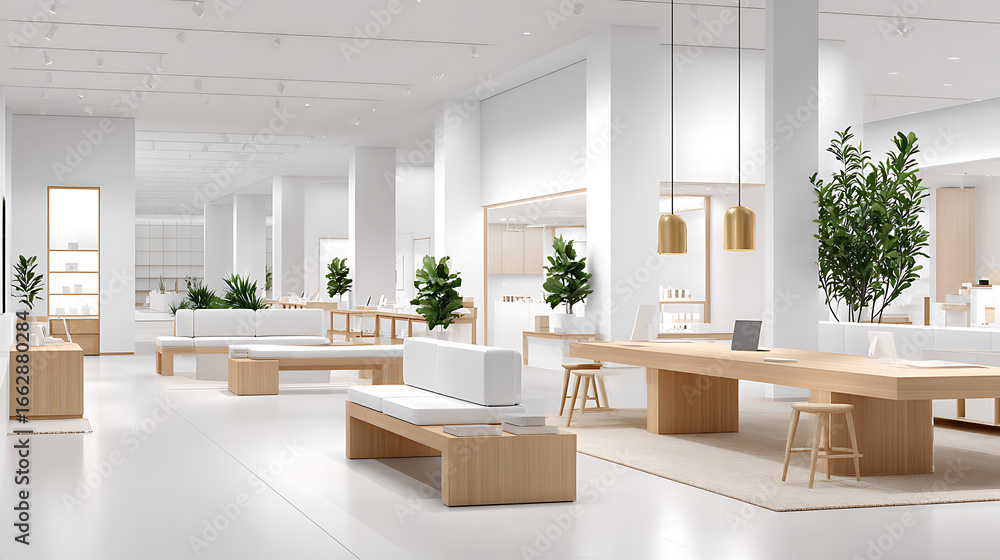 Aufkleber Modern Minimalist Store Interior in 3D Isometric View with Open Layout and Clean Design | Architecture Render with Sharpened Detail in 32K, Generate Ai