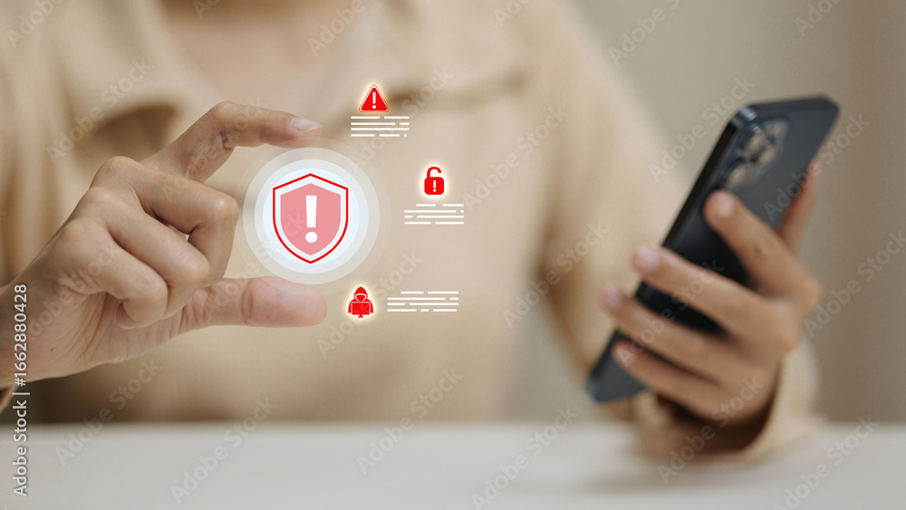 Poster cybersecurity mobile warning with data protection and security alert