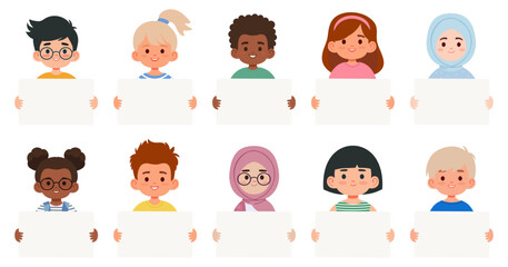 Collection of ten diverse children holding blank boards. Boys and girls from different cultures presenting an empty sign for text, announcement or design. Isolated on white background.