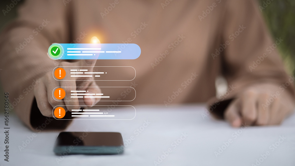 Poster mobile notification alert with digital checklist and warning icons