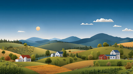 A colorful illustration depicting a modern agricultural landscape with diverse crops, structures, and solar panels emphasizing sustainable farming practices.