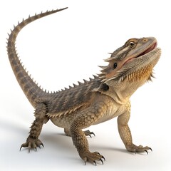 Fototapeta premium A detailed depiction of a bearded dragon lizard standing on a white surface. The lizard has a spiky back and a vibrant coloration, showcasing its unique features.