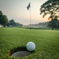 Obraz premium A close-up of a golf ball near the hole on a green golf course. A flag is visible in the background, with trees and a soft morning light.