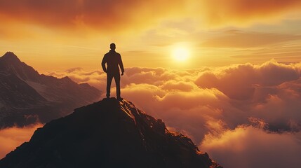 Man standing on mountain top at sunset