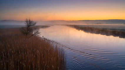 Fototapeta premium Serene dawn over a tranquil river reflecting the warm hues of sunrise with mist rising from the water and a lone tree on the bank