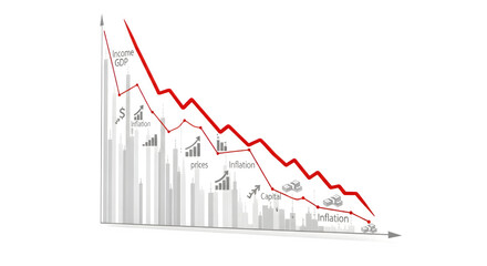 Red downward trend line with economic indicators    .ai generative, transparent background, white background. isolated on white background, png, jpeg, jpg.