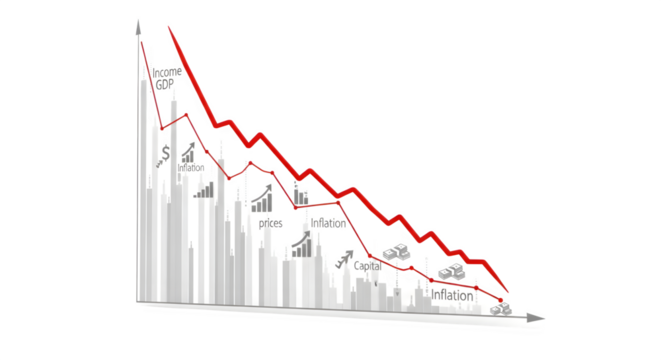 Red downward trend line with economic indicators    .ai generative, transparent background, white background. isolated on white background, png, jpeg, jpg. - Powered by Adobe