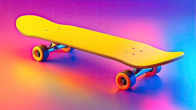 Vibrant yellow skateboard on a colorful background