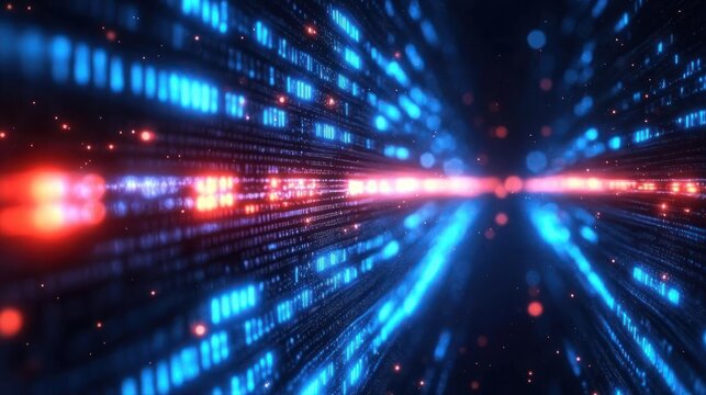 Abstract digital data streams with glowing blue and red lights expanding into a dark tunnel, representing futuristic technology and information flow