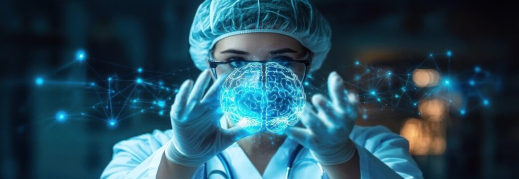 Female scientist or doctor wearing protective gear holding a glowing digital hologram of a human brain with connected neural network in dark lab