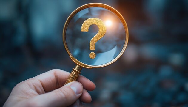 Hand holding an antique magnifying glass focusing on a golden question mark with blurred blue background and light reflection - Powered by Adobe