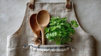 Beige linen apron with wooden spoons and fresh parsley