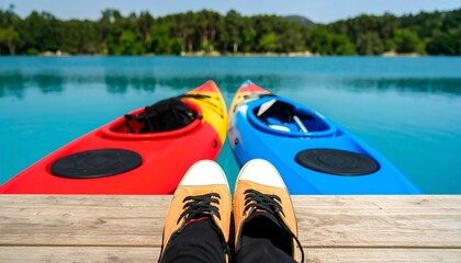 Kayaks on a dock by a tranquil lake