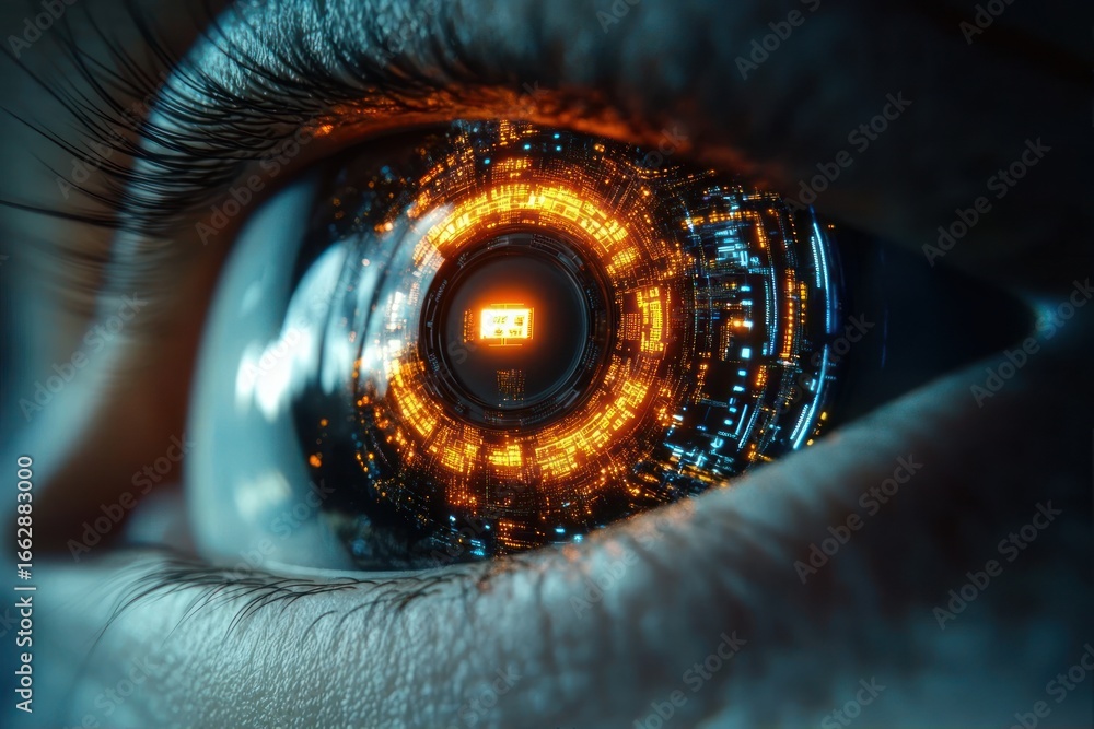 Poster close-up of a human eye with a futuristic digital interface reflected in the iris displaying bright 