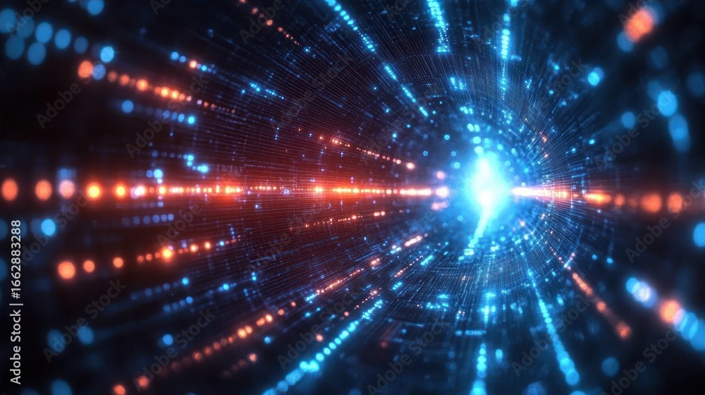 Poster abstract glowing tunnel of blue and orange light particles converging toward bright light center cre