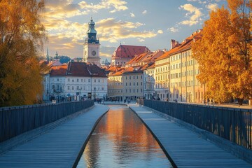 View of a calm canal lined by autumn trees and historic buildings under a partly cloudy sky with a clock tower in the background during golden hour