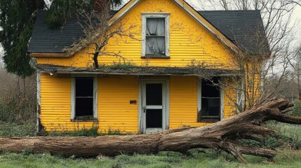 Abandoned yellow wooden house with peeling paint and broken windows surrounded by overgrown grass and a large fallen tree trunk in front