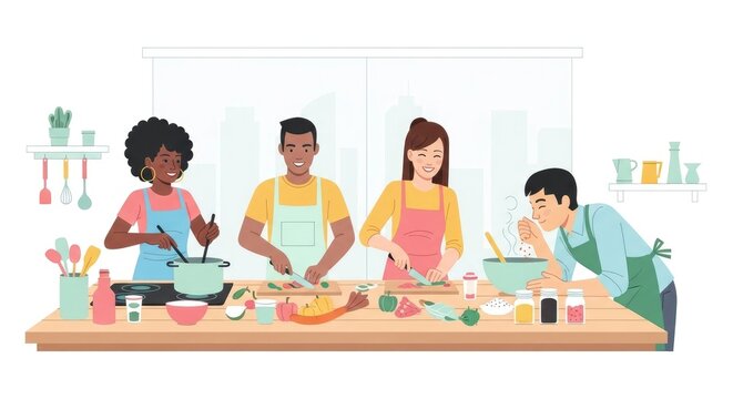 Diverse group cooking together
