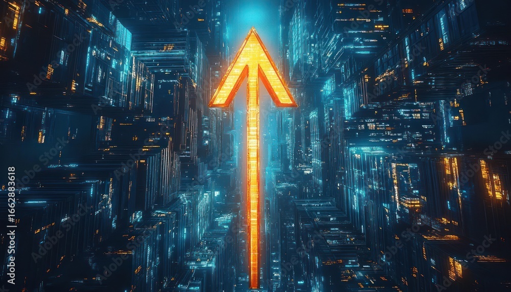 Poster glowing orange arrow pointing upwards in a futuristic blue and black digital cityscape filled with i