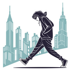 A person in a hoodie walks in front of a city skyline. This vector illustration is suitable for design use.