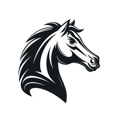 A bold black horse head silhouette vector illustration depicts a wild running stallion for a farm animal design or equine tattoo symbol