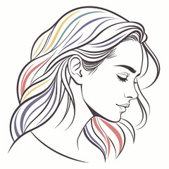 An artistic illustration of a woman's profile with flowing hair. Her locks are highlighted with streaks of various colors, 