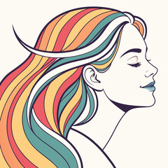 The illustration is a stylized profile of a woman with colorful, flowing hair. The artwork is clean and graphic, 