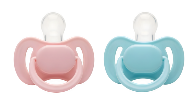 Two baby pacifiers pink and blue close up view .ai generative, transparent background, white background. isolated on white background, png, jpeg, jpg. - Powered by Adobe