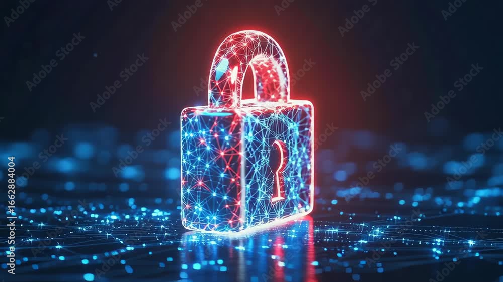 Poster digital lock glowing with network connections representing cybersecurity data protection technology 