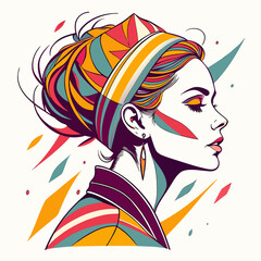 Naklejka premium A stylized vector graphic shows a woman in profile with colorful geometric patterns in her hair and clothing.