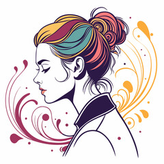 Vector art shows a woman in profile with a colorful updo, against abstract floral flourishes. 