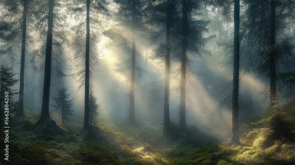 Poster sunlight streaming through tall pine trees in a misty forest creating serene and mystical atmosphere