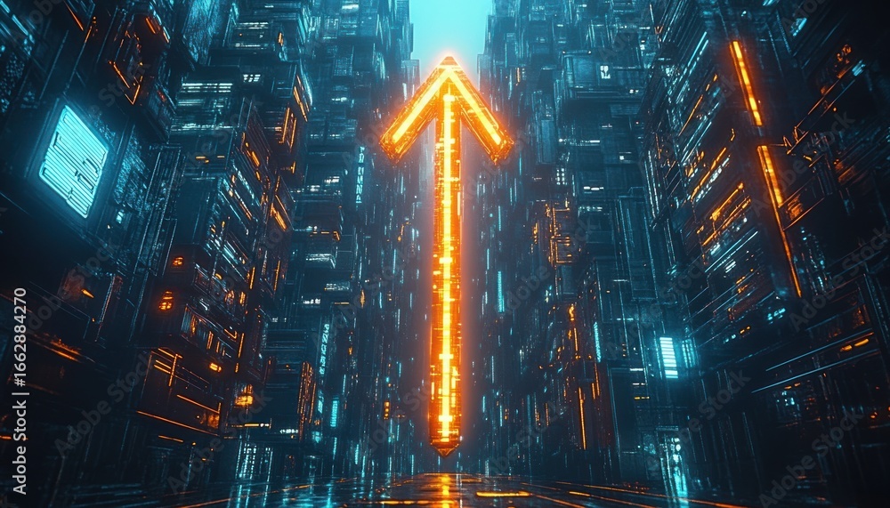 Poster futuristic neon cityscape with towering digital structures and a large glowing orange arrow pointing