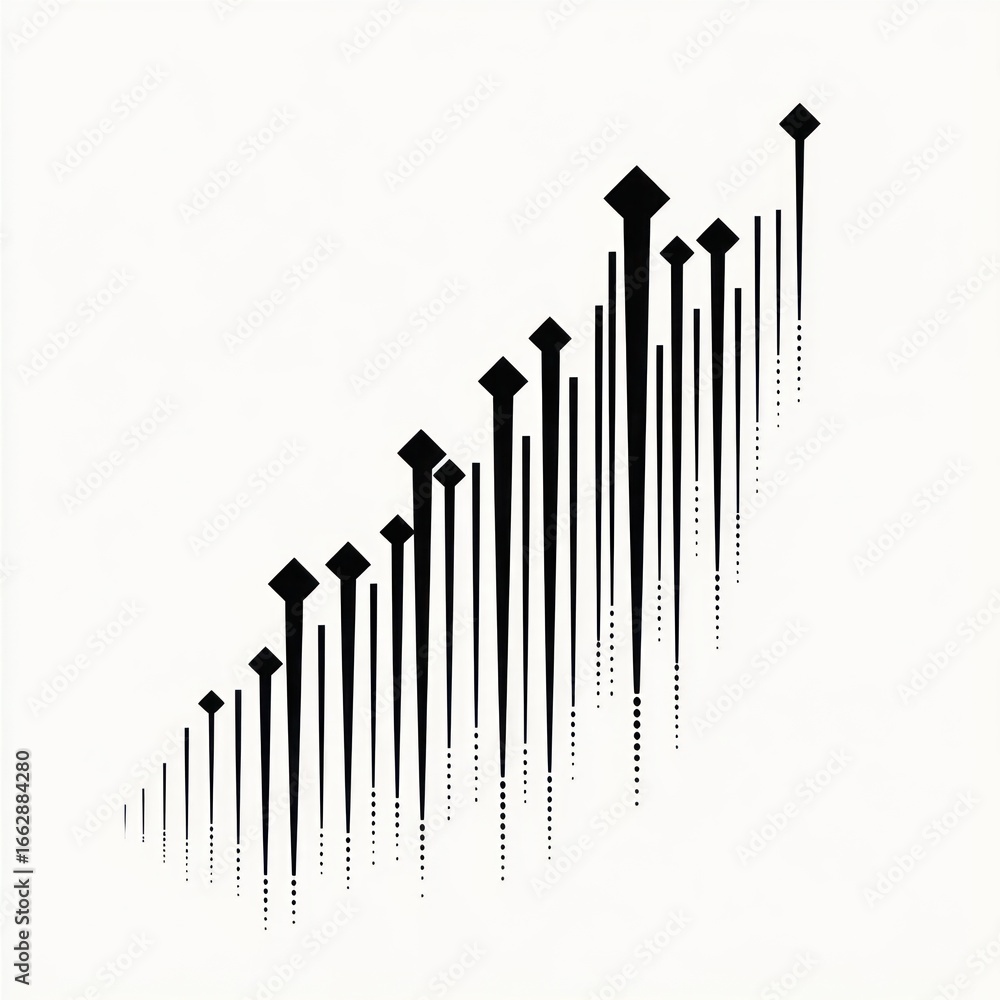Poster abstract minimalist composition of black elongated triangular shapes with diamond tops arranged in a