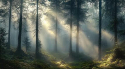Obraz premium Sunlight streaming through tall pine trees in a misty forest creating serene and mystical atmosphere