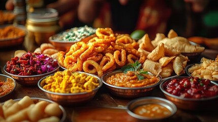 Fototapeta premium A vibrant spread of various Indian snacks and dishes including fried ring-shaped snacks, samosas, colorful chutneys, and savory dips arranged in metal bowls on a wooden table