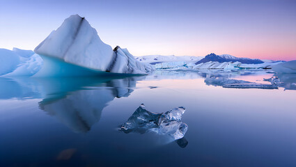 Majestic glacial ice formations reflecting in calm serene water under a soft twilight sky creating a breathtaking natural landscape