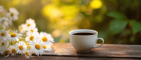 The peaceful cup of coffee surrounded by fresh daisies in a serene garden.