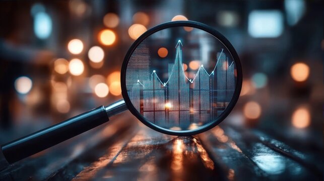 Magnifying glass focusing on a digital financial graph with rising and falling data points against blurred city night lights, symbolizing analysis and growth