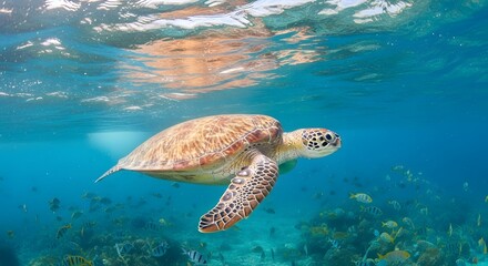 Obraz premium A Green Sea Turtle Swims Gracefully Through a Sunlit Coral Reef Ecosystem