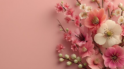 A minimalist Mother's Day concept with soft pink background and delicate flowers on one side, offering plenty of blank space for a personalized message or note.