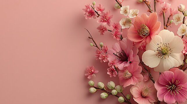 A minimalist Mother's Day concept with soft pink background and delicate flowers on one side, offering plenty of blank space for a personalized message or note.